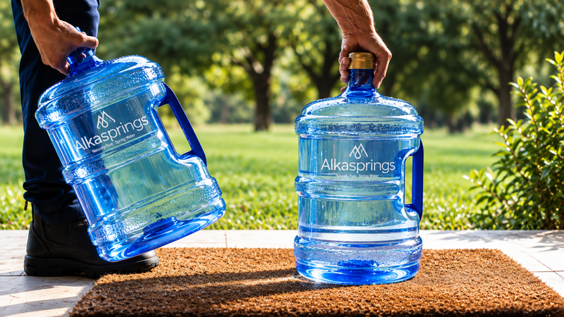 Alkasprings reusable water bottles being exchanged on a doorstep