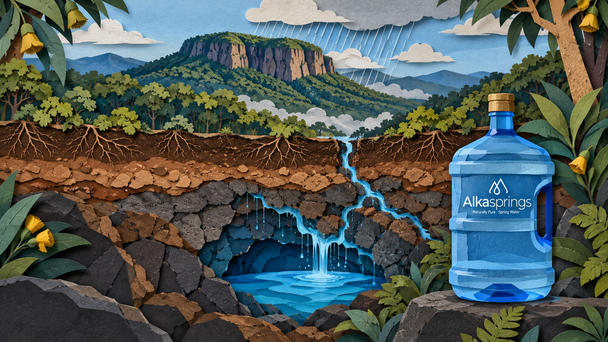 Illustration of rain filtering through mountain geology towards an underground spring