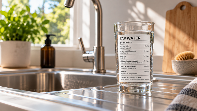 Illustration of a labelled glass of tap water beside a kitchen sink