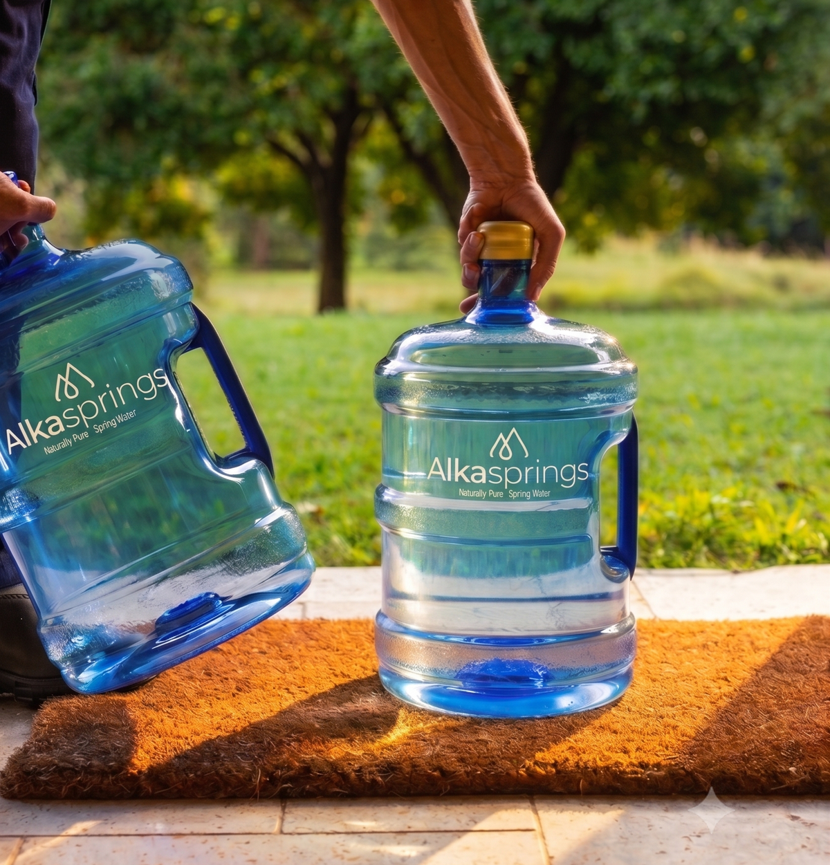 Alkasprings returnable spring water bottles being swapped at a doorstep