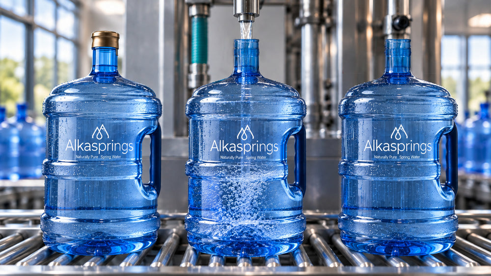 Alkasprings reusable spring water bottles on a filling line