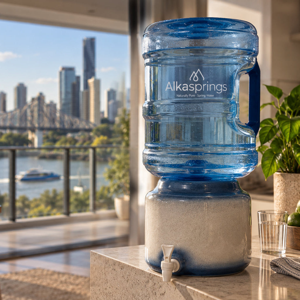 Alkasprings spring water bottle on a ceramic dispenser overlooking Brisbane