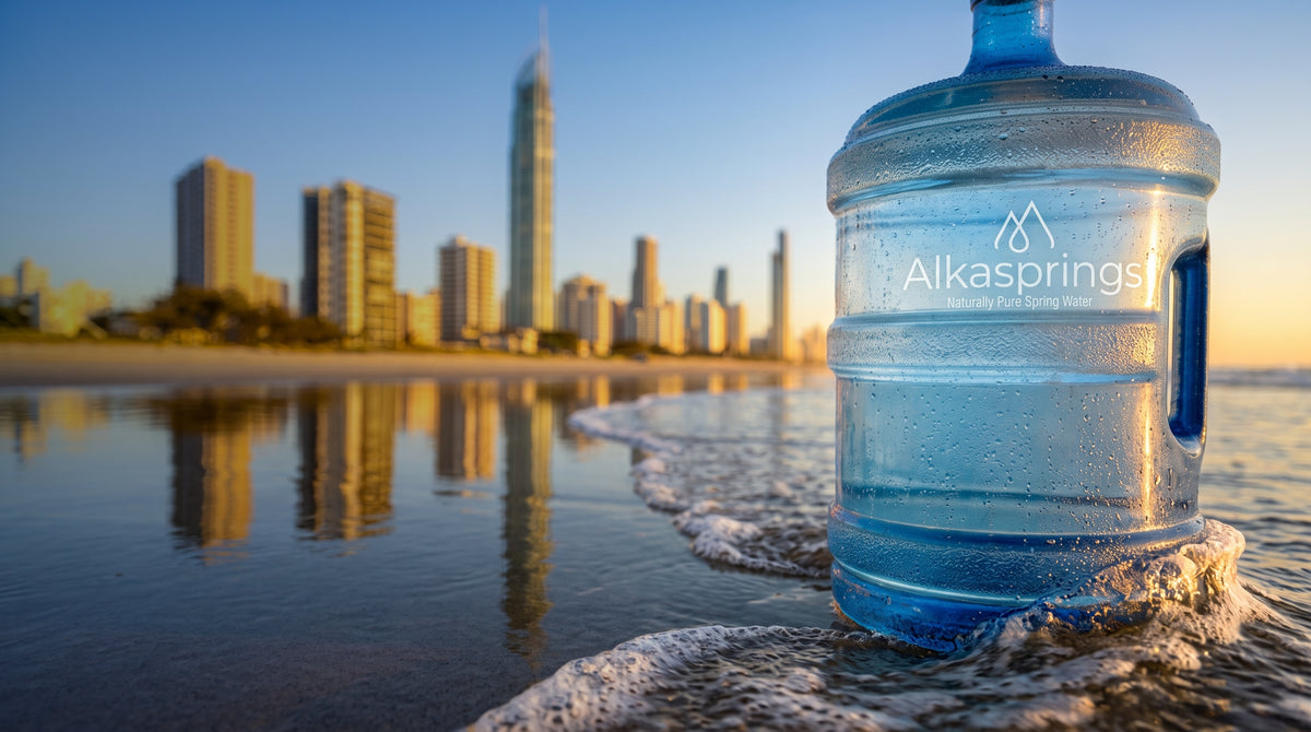 Alkasprings water bottle beside the ocean and Gold Coast skyline