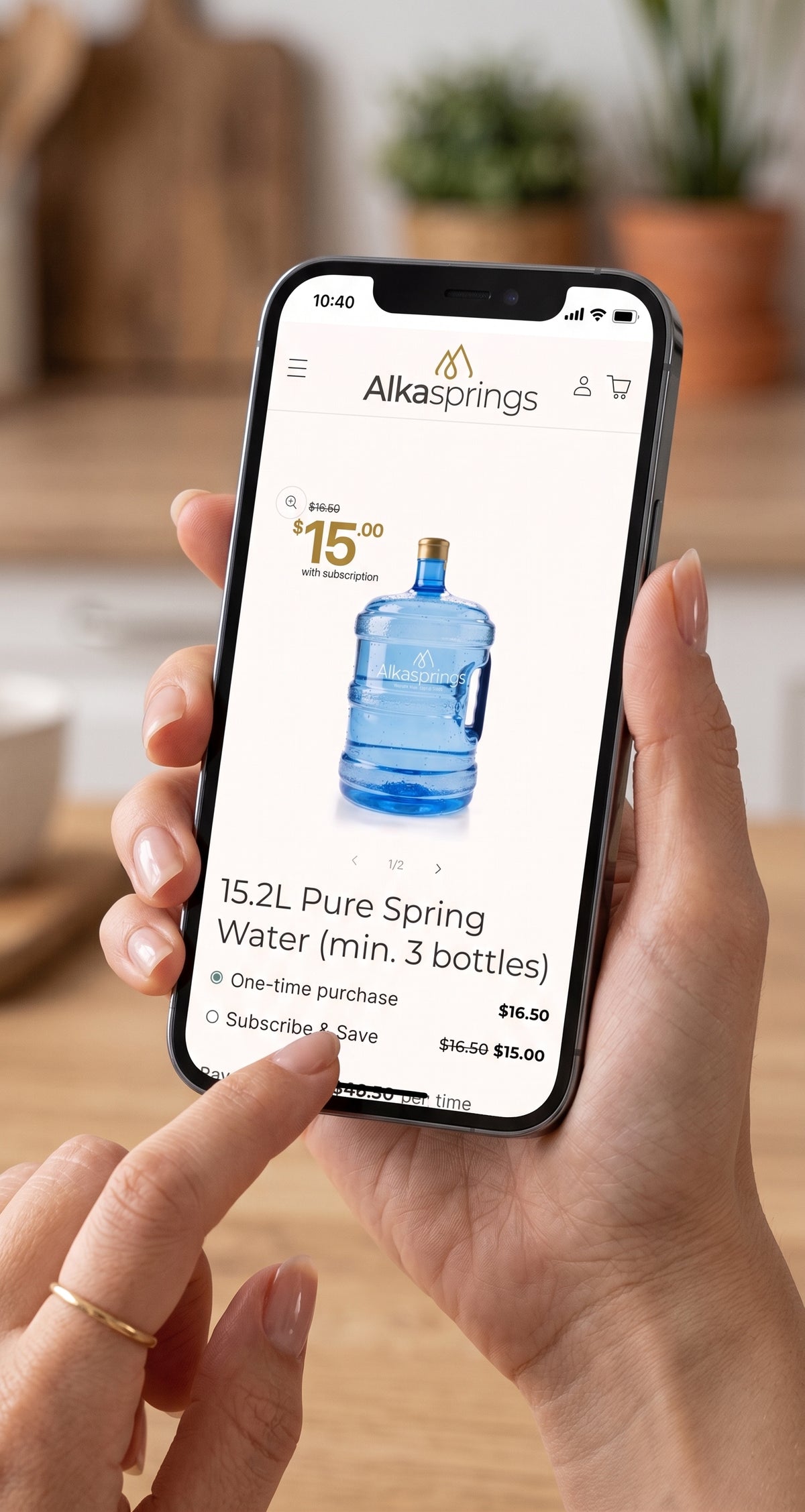 Ordering an Alkasprings spring water bottle on a mobile phone