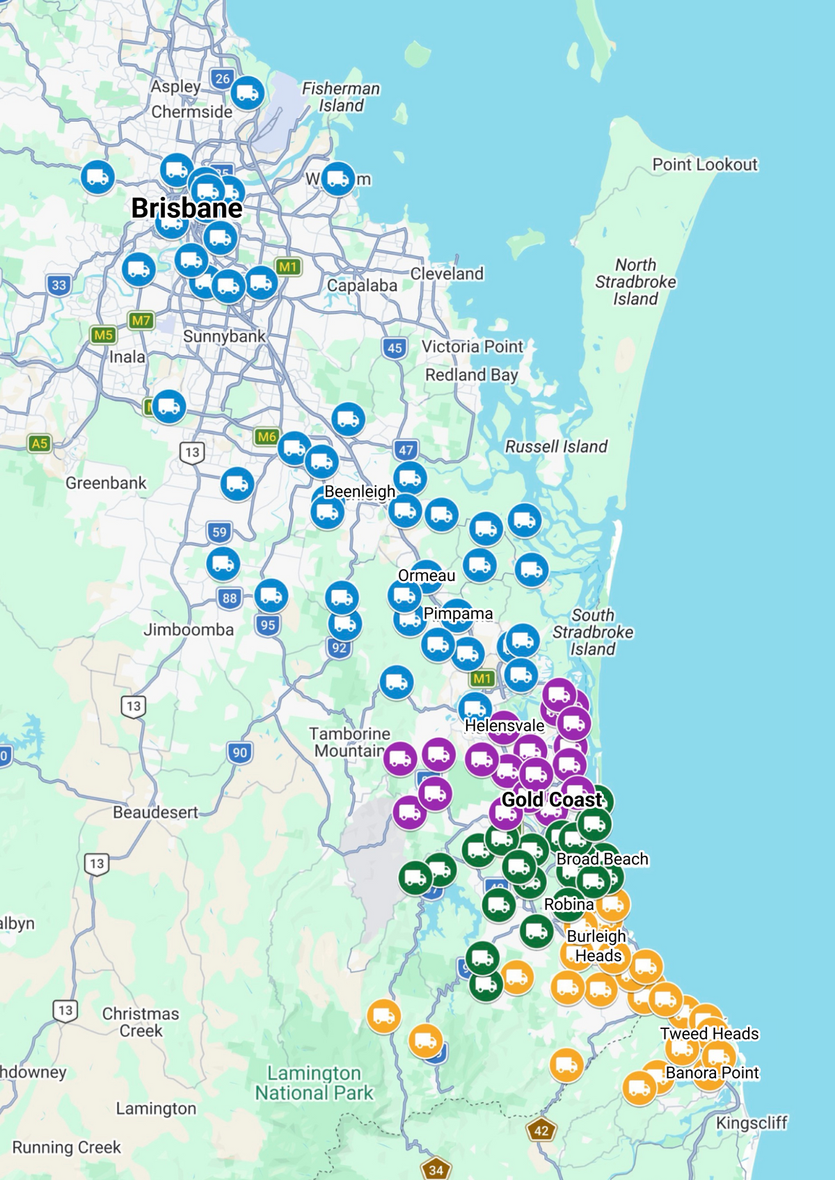 Map of Alkasprings delivery routes across South East Queensland and northern New South Wales
