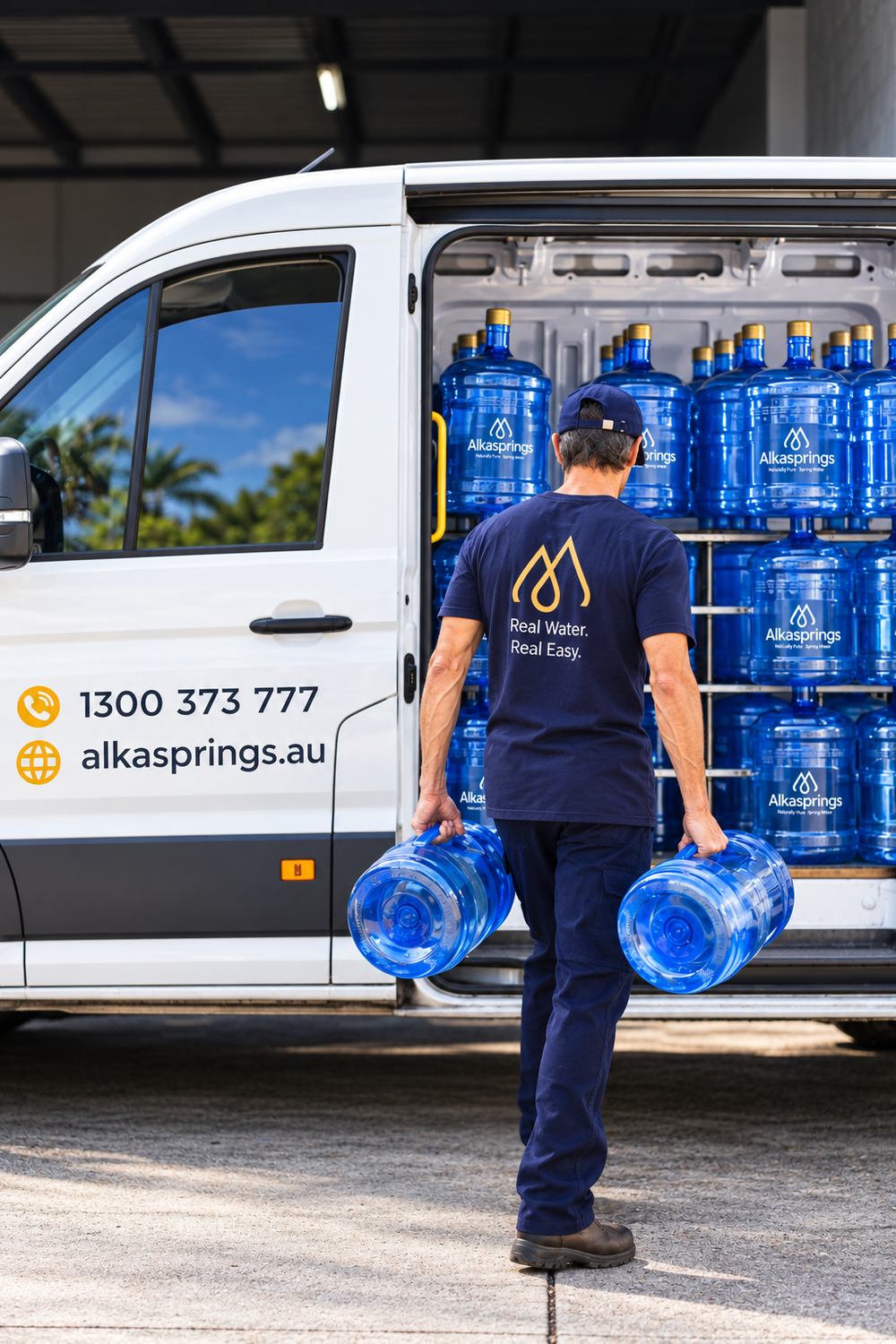 Alkasprings delivery driver carrying bottles beside a van stocked with water