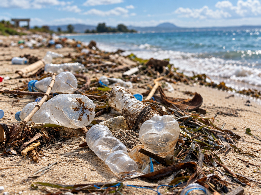 Single-use plastic bottles and litter washed up on a beach