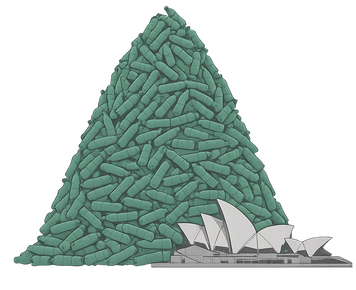 Illustration of discarded plastic bottles piled beside the Sydney Opera House